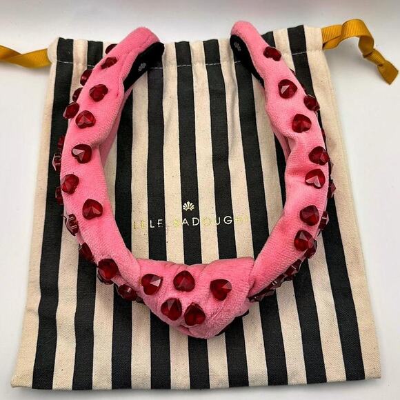 RARE! Lele Sadoughi Velvet Pastel Pink Red Real Crystals Headband Kawaii Glamour main image 4
